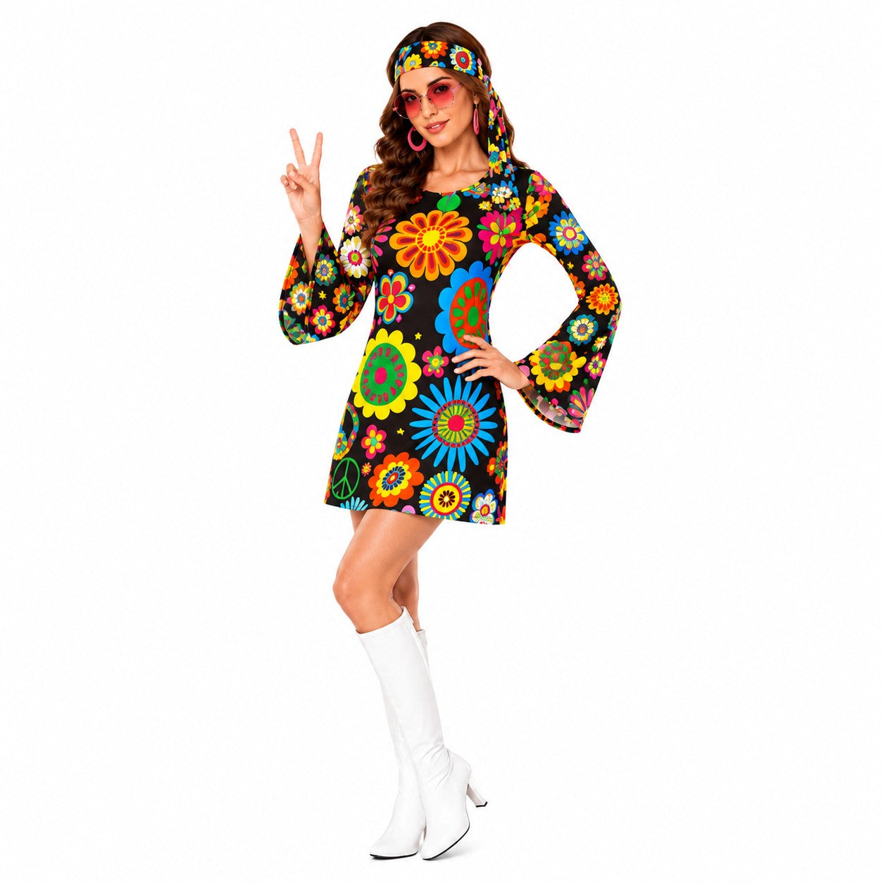 60s 70s Hippie Retro Flower Print Dress for Women Disco Party Festival Bell Sleeve Mini Dress Costume Halloween Carnival Outfit