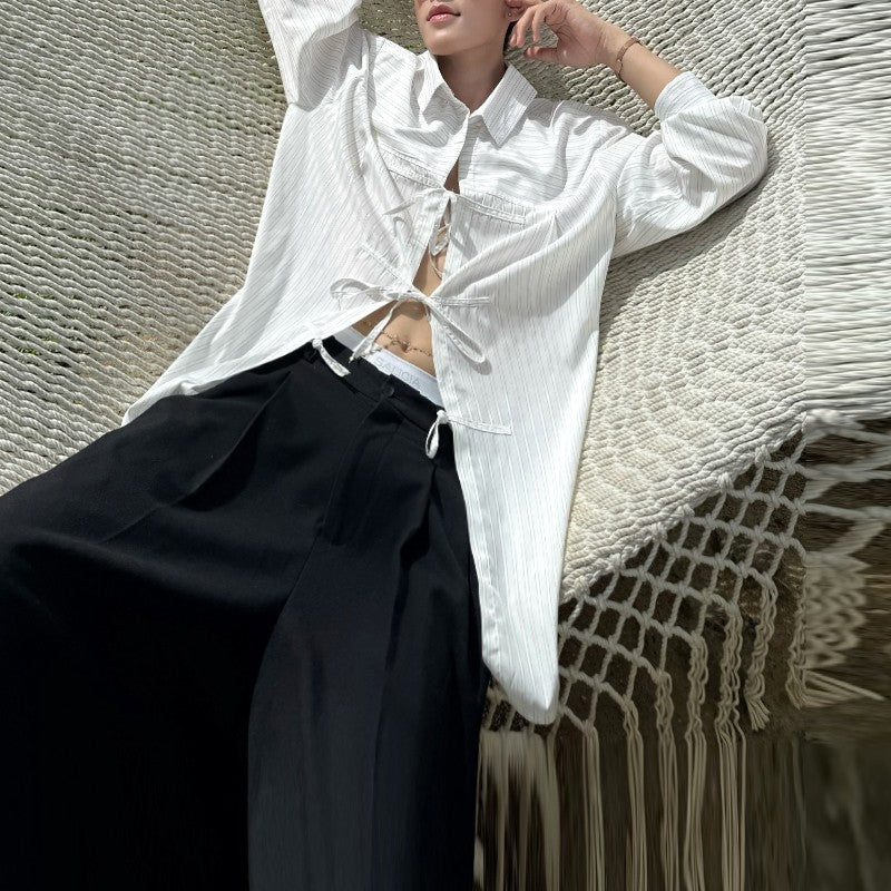 INCERUN Men Striped Shirt Lapel Long Sleeve Lace Up Hollow Out Men Clothing Oversize Korean Style Streetwear Casual Shirts Men