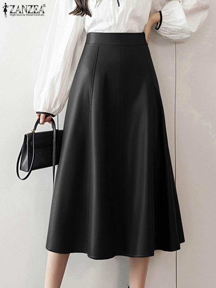Plus Size 5XL ZANZEA Women PU Leather Midi Jupes Elegant Casual Autumn Loose High Waist Skirt Solid Skirt High Waisted Falda