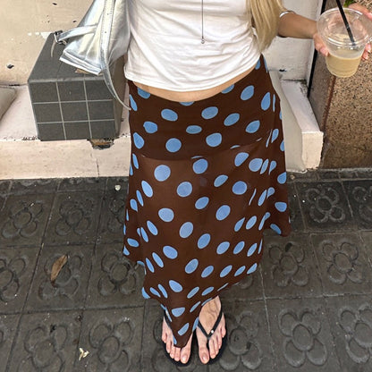 BIIKPIIK Casual Women Polka Dot Skirts Lettuce Trim Beige Elegant Midi Skirts St
