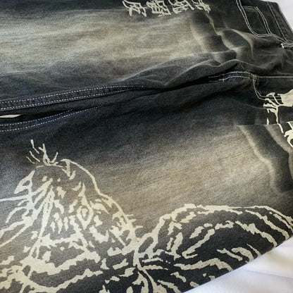 Y2K American New Fashion Tiger Print Loose Jeans Women High Street Harajuku Wind Trend Casual Joker High Waist Wide Leg Pants