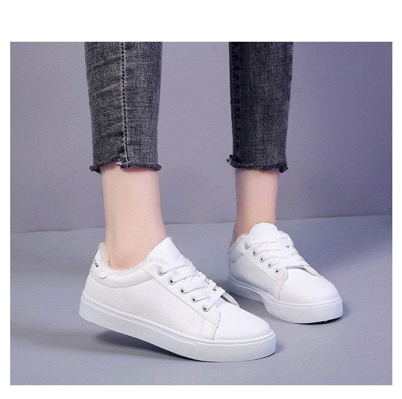 Tênis Feminino de Inverno, Quente, Pelúcia, Sola Vulcanizada, Plataforma, Algodão, Cadarço, Branco, Com Pelúcia, Casual