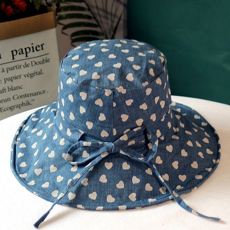 Chapéu feminino de verão, estampa de coração, aba grande para proteção solar, chapéu de sol de algodão e linho à prova de sol, chapéu de pescador dobrável