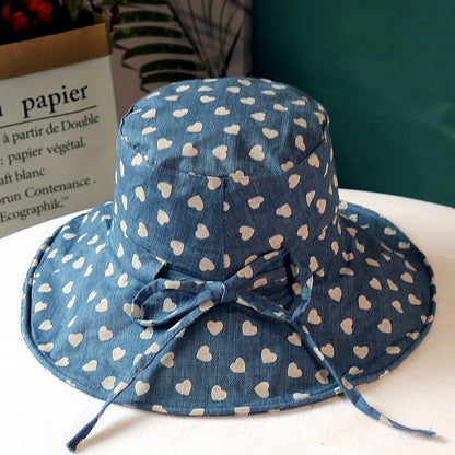 Chapéu feminino de verão, estampa de coração, aba grande para proteção solar, chapéu de sol de algodão e linho à prova de sol, chapéu de pescador dobrável