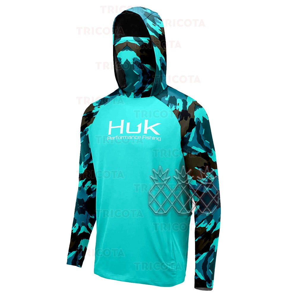 Camisas de Pesca HUK Masculinas Máscara Manga Longa Roupas de Pesca Ao Ar Livre Roupa UV Casaco com Capuz Upf Protetor Solar Respirável Tops de Pesca