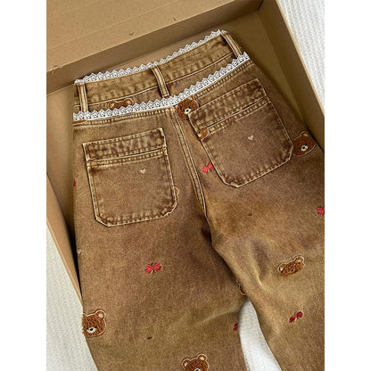 Lace Teddy Bear Embroidered Patchwork Design Wide leg Jeans 2025 Spring New High Waisted fit Slimming Casual Jeans for Commuting