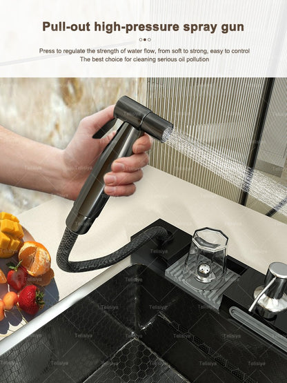 Stainless Steel kitchen Sink With Waterfall Golden Large Single Slot Multifunctional Digital Display Sinks 100*50CM