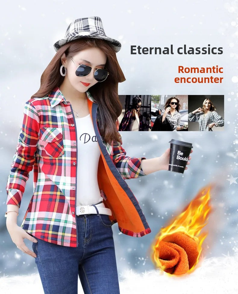 Thickened Fleece Women's Casual Shirt Korean Style All-Match Slim Fit Warm Plaid Elastic Large Size Button down Coat