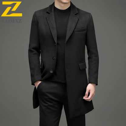 COMXZ 2025 Winter Woolen Trench Coat Men Retro Thick Cashmere Coat Korean Street Man Clothes Lightw Luxury Wool Blends Overcoat