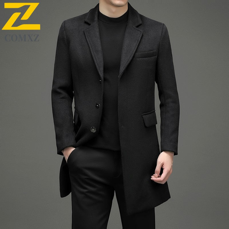 COMXZ 2025 Winter Woolen Trench Coat Men Retro Thick Cashmere Coat Korean Street Man Clothes Lightw Luxury Wool Blends Overcoat