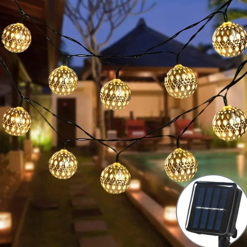 Outdoor Solar Moroccan Ball String Light-50/30/20 LED Fairy Light, 8 Modes, for Garden Fence Christmas Party Holiday Lighting