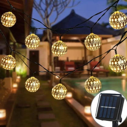 Outdoor Solar Moroccan Ball String Light-50/30/20 LED Fairy Light, 8 Modes, for Garden Fence Christmas Party Holiday Lighting