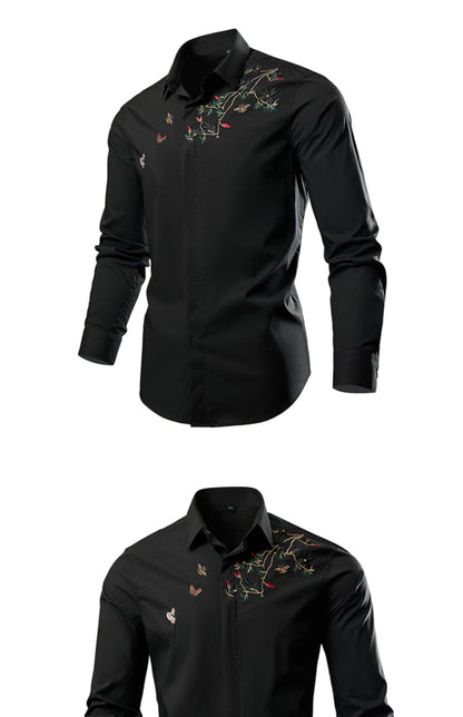 Black Mens Embroidered Long Sleeve Shirt, Black Single Breasted Lapel Casual Shirts, Asian Size M-6XL