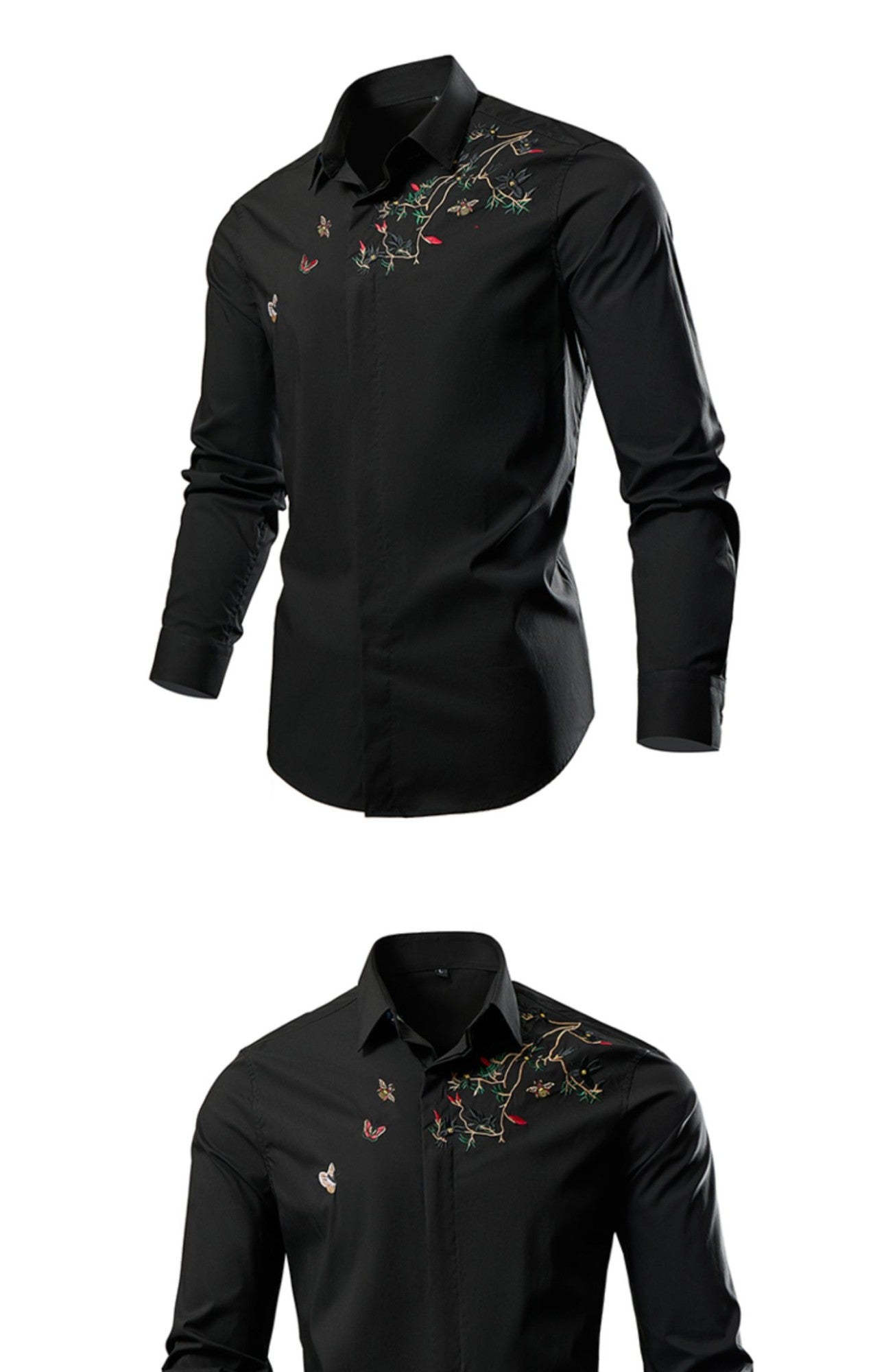 Black Mens Embroidered Long Sleeve Shirt, Black Single Breasted Lapel Casual Shirts, Asian Size M-6XL