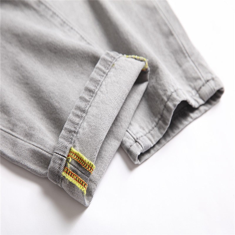 Mens Jeans Large-size Straight Light Gray Denim Trousers Spring and Autumn Full Length Male Pants Ripped Jeans