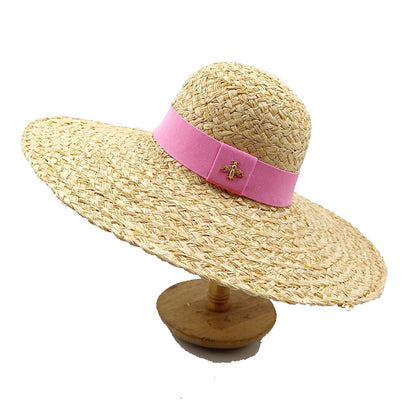 Chapéu de palha de verão alfinete de pérola chapéu de palha feminino de aba plana oco com ranhuras de verão para praia e sol sombreiro ????