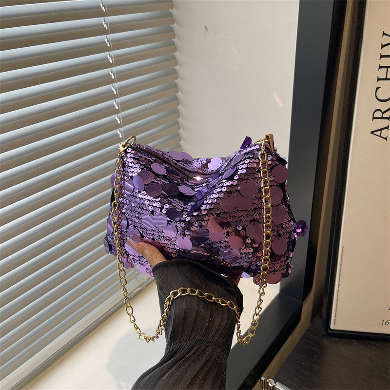 Sequin Evening Party Shoulder Bags for Women Lightweight Portable Ladies Chain Crossbody Bag Solid Color Casual Female Handbag