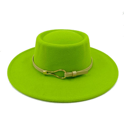 Acessórios femininos de fivela de couro metal com chapéu de feltro de pele com top côncavo e convexo, chapéu fedora e conjunto de bolsa combinando, estilo retrô