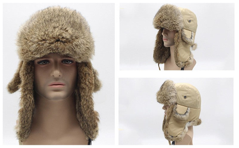 New Russia Winter Real fur Hat Men Outdoor Windproof Super Warm Real Rabbit Fur Bomber Hats Natural Soft Natural Rabbit Fur Caps