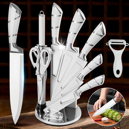 Conjunto de Facas de Cozinha ZENG de Aço Inoxidável com Cabo Oco Faca de Carne Faca de Cozinheiro Tesoura Faca de Pão Descascador de Frutas Suporte de Faca