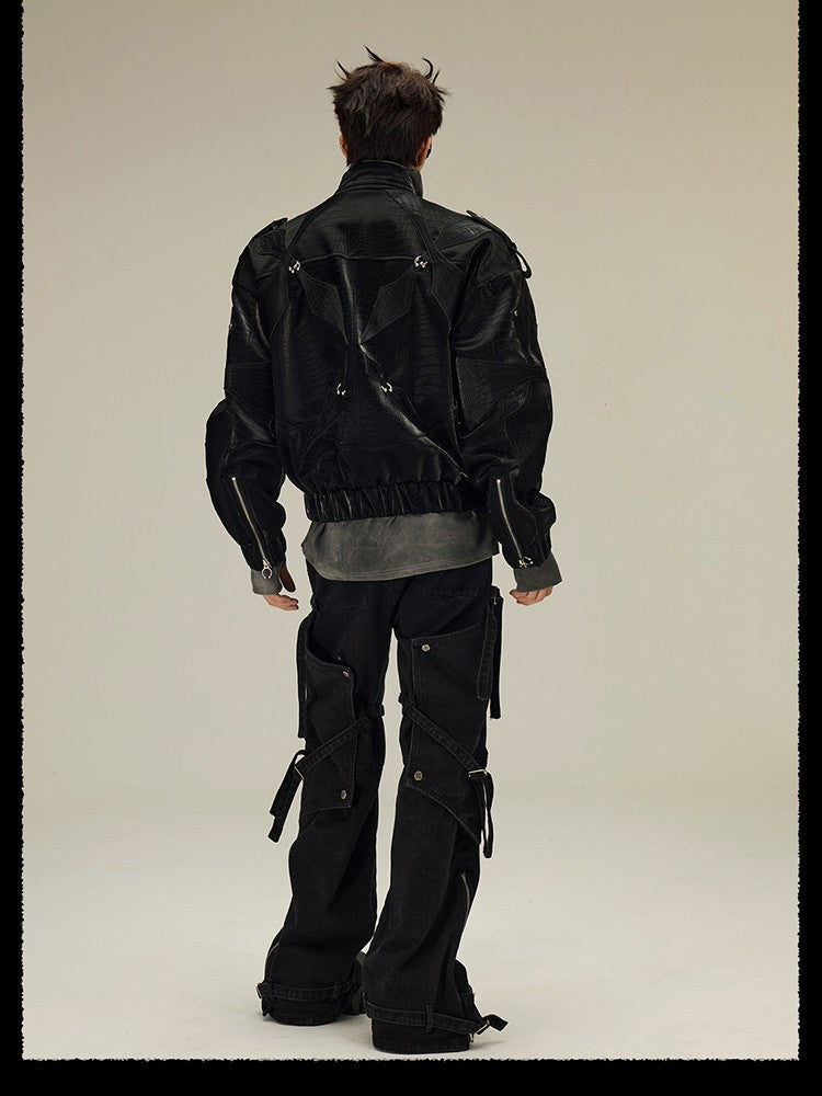 Mauroicardi Spring Autumn Cool Short Shiny Black Crocodile Print Pu Leather Jacket Men Luxury Designer Y2K Streetwear Clothes