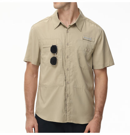 Summer Men's UPF 50+ Fishing Shirts, Casual Breathable Short Sleeve Cargo Fishing Shirt, Button Down Tactical Shirts Blouse