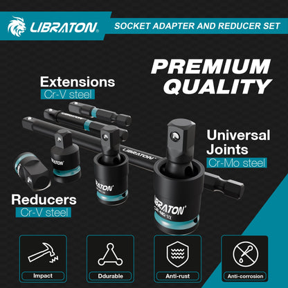Adaptadores e Redutores de Soquete de Impacto de 1/4" 3/8" 1/2", Inclui Redutores, Juntas Universais, Extensão de Adaptador de Soquete, 20 peças