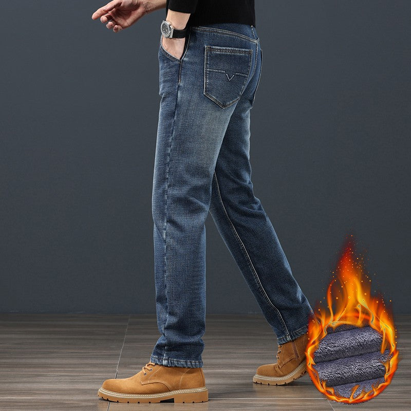 2024 Winter Warm Jeans Men's Fleece Thickened Slim Straight Trousers Fashion Stretch Cotton Casual Denim Pants Brand Clothes
