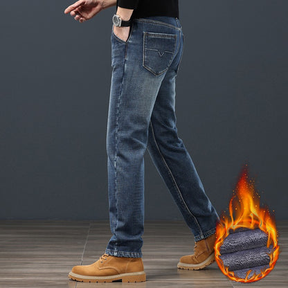 2024 Winter Warm Jeans Men's Fleece Thickened Slim Straight Trousers Fashion Stretch Cotton Casual Denim Pants Brand Clothes