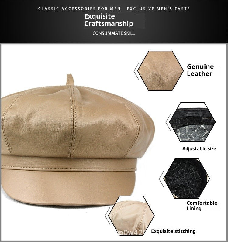 Autumn Winter Women's Genuine Sheep Leather Octagonal Beret | Leopard Print Trendy Painter Hat Celebrity Style Versatile Cap