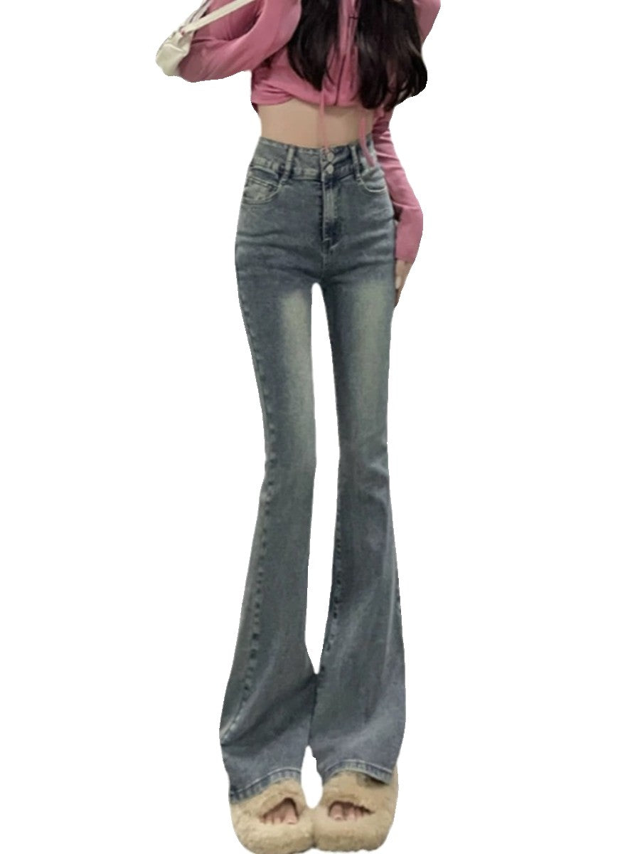 High Waist Fce Lined Thiened Autumn Winter American Bla ey Micro Flared Jeans Women Slimming Legging  Hoof Pants