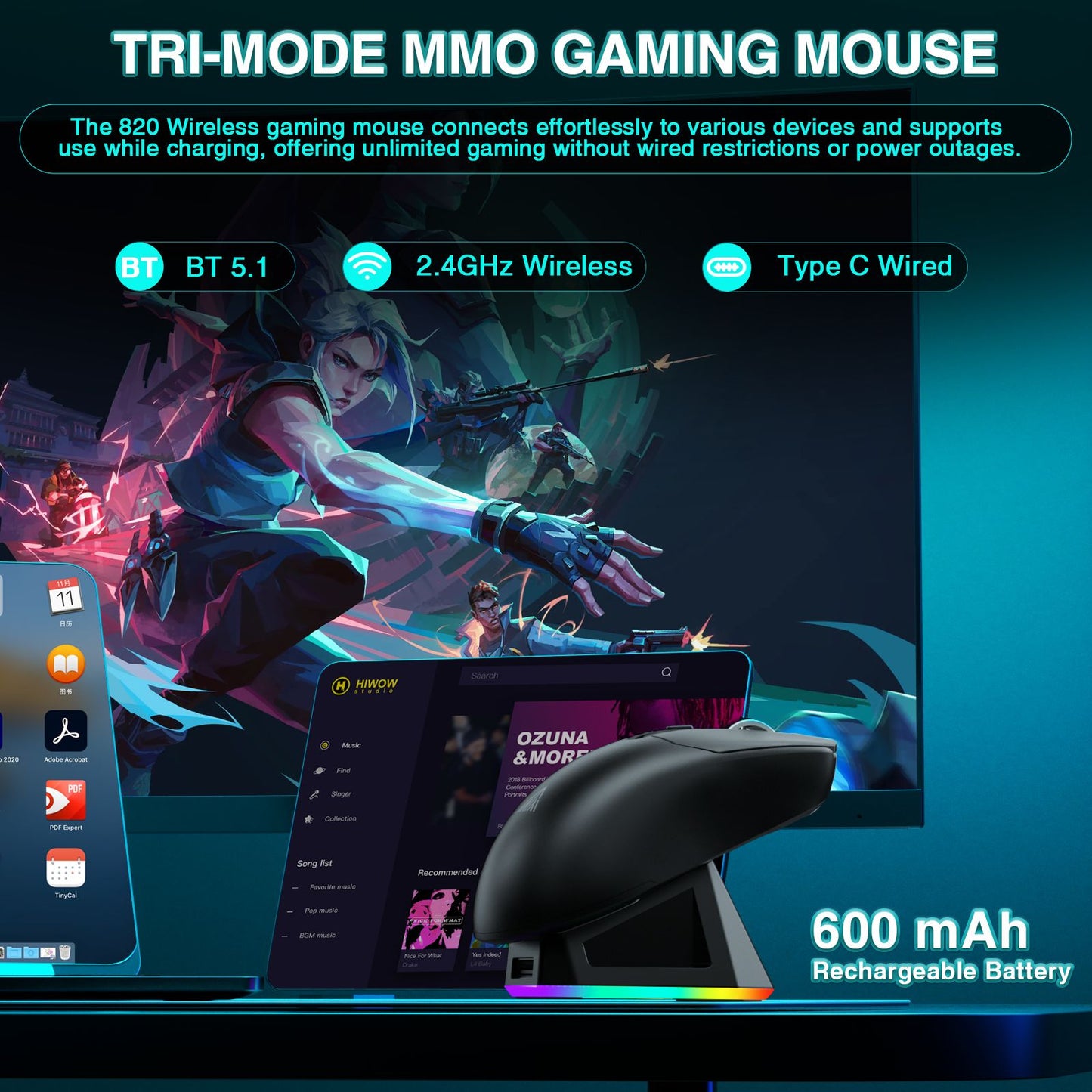 Mouse Gamer Sem Fio Tri-modo SOLAKAKA SM820 com Base Magnética Recarregável RGB PAW3311 24000DPI Macro Leve