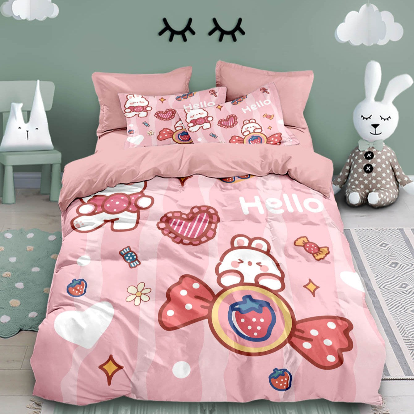 3PCS Cartoon Grid Rabbit Theme Series Bedding Set Full Size Kids,Rabbit Comforter Cover for Boys Girls Bedroom Decor