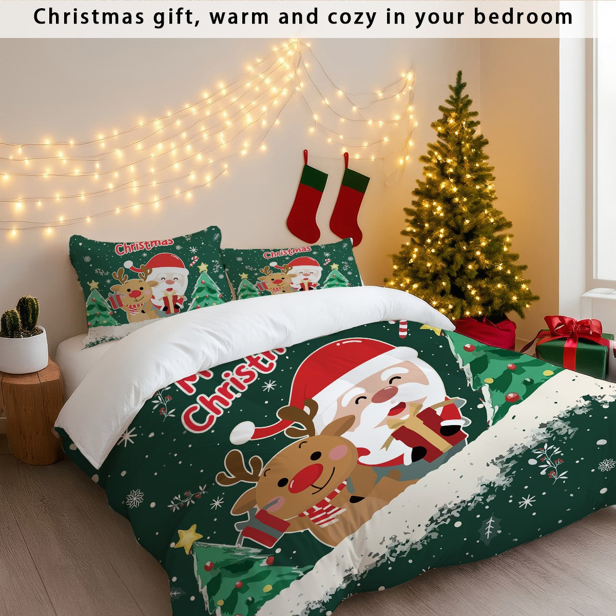 3pcs Santa Claus Christmas Tree Print Coreless Duvet Set Bedroom Dormitory Bedding Decoration Comfortable Machine Washable