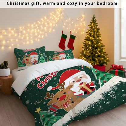 3pcs Santa Claus Christmas Tree Print Coreless Duvet Set Bedroom Dormitory Bedding Decoration Comfortable Machine Washable
