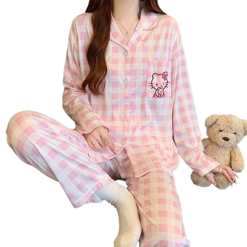 Hello Kitty and Plaid Pajama Set for Women Winter Checked Sleepwear Long Sleeve Home Outfit Autumn Loungewear Korean Fashion