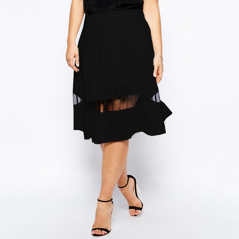 Plus Size Elastic Waist Summer Elegant A-line Skirt Women Mesh Panel Formal Pleated Midi Skirt Large Size Casual Flare Skirt 6XL