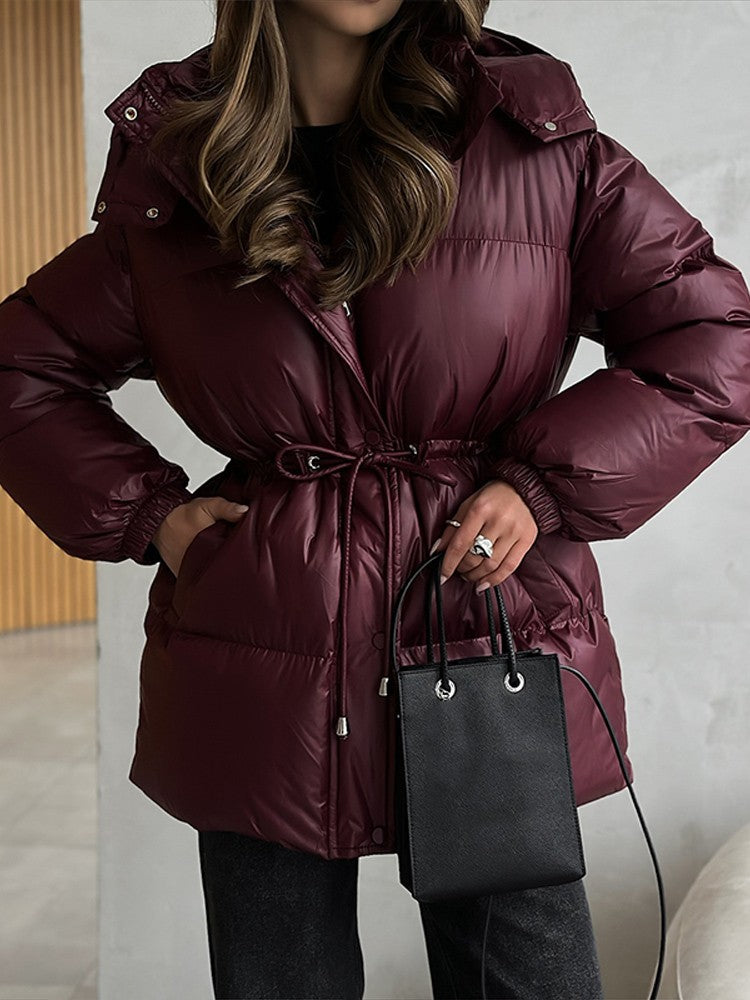 Glossy Shiny Women 's Down Jackets Vintage Hooded Zipper Puffer Full Sleeve Jackets For Woman 2025 Woman Winter Coats Outwears