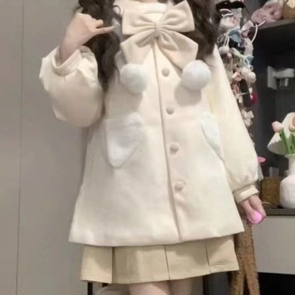 Japanese Sweet Bow Sailor Collar Black Tweed Coat Fashion All-match Jk Jackets for Women 2025 Autumn New Long Sleeve Tops Mujer