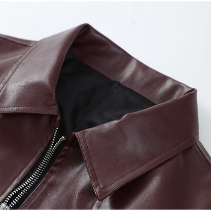 Full Sleeve Cropped Women Casual Slim Thin Motorcycle Coat Chic Zipper Lapel Wine Red Leather Jacket Lady New Highstreet Outwear