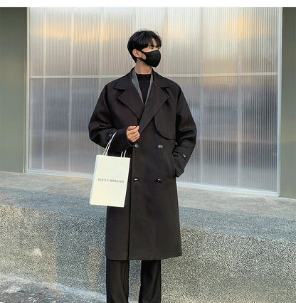 Men's Autumn Winter Mid Length Woolen Coat New Korean Tide Black Thickned Overcoat Long Sleeve Double-breasted Jackets