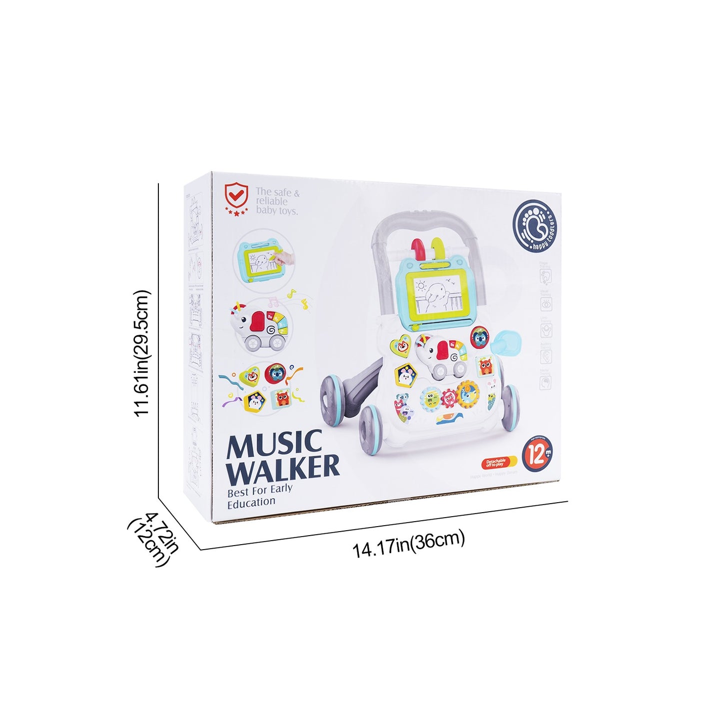 Baby Cartoon Push Walker Toy with Music Drawing Board Multifunction Activity Learning Walk Toddler Walker for 6-15 Months Infant