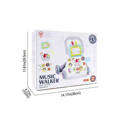 Baby Cartoon Push Walker Toy with Music Drawing Board Multifunction Activity Learning Walk Toddler Walker for 6-15 Months Infant