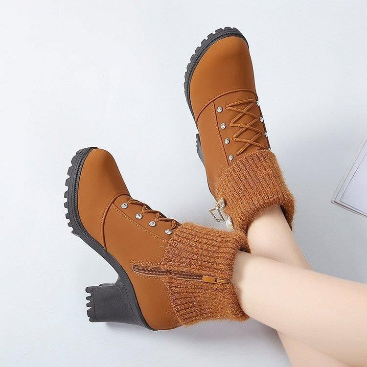 Women's Designer High Heels Shoes 2023 Winter New Warm Non-slip Block Cow Suede Warm Snow Boots Fashion Crystal Plush Goth Botas