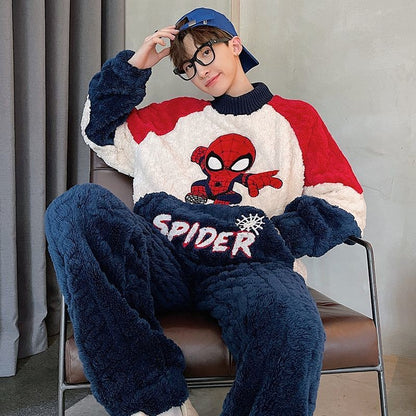 Conjunto de Pijama Masculino Homewear Marvel Homem-Aranha Anime Novo Bonito Desenho Animado Criativo Padrão Simples Moda Flanela Macia Engrossada Quente