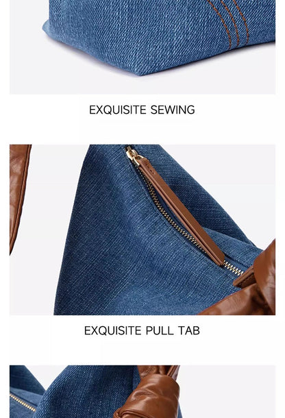 LEE Women Minimalism Hobo Denim Blue One Shoulder Pillow Bag Ladies Jeans Soft Widen Leather Shoulder Straps Crossbody Bags