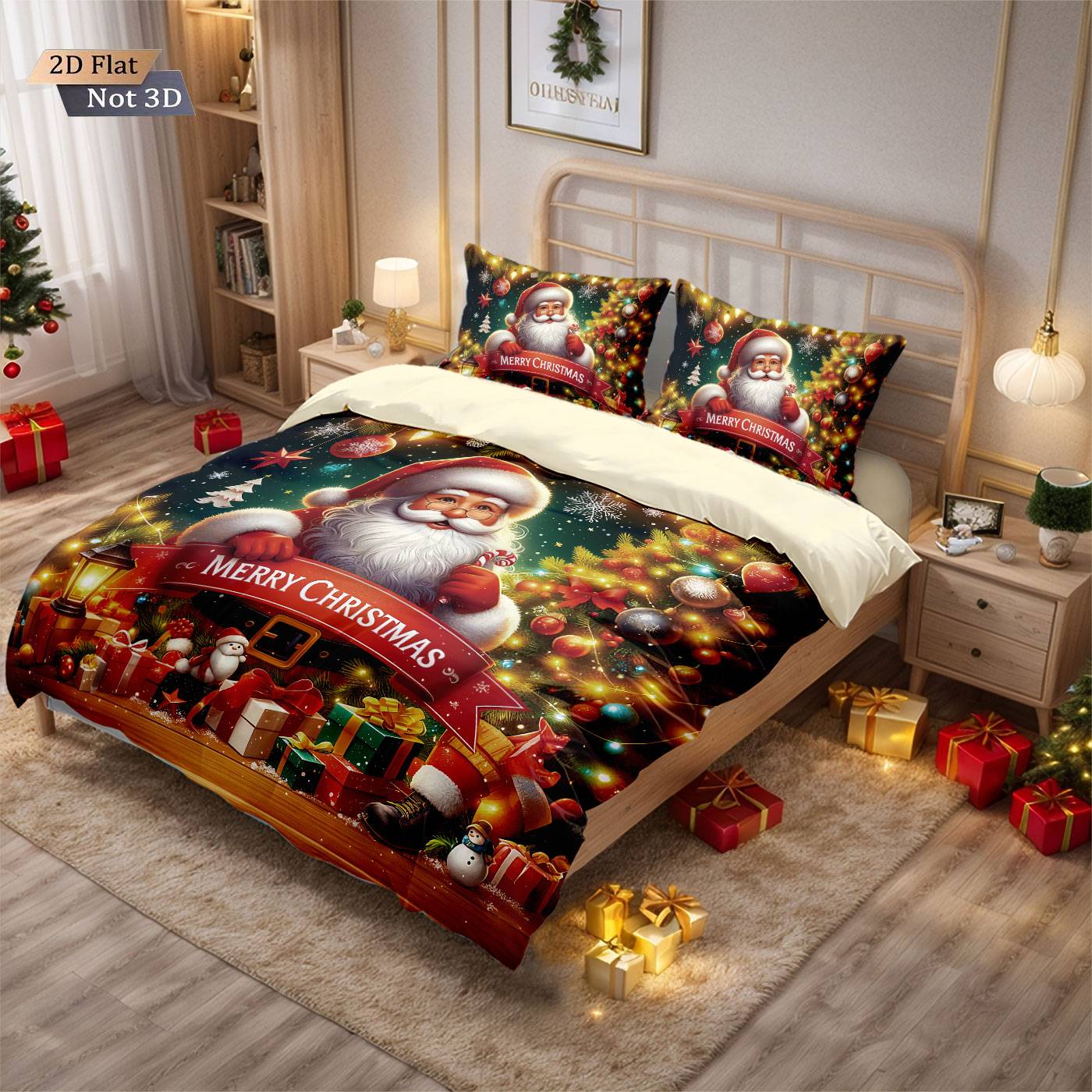 3pcs Merry Christmas Santa Claus print coreless bedding set multiple size bedrooms bedding holiday decorations, machine washable