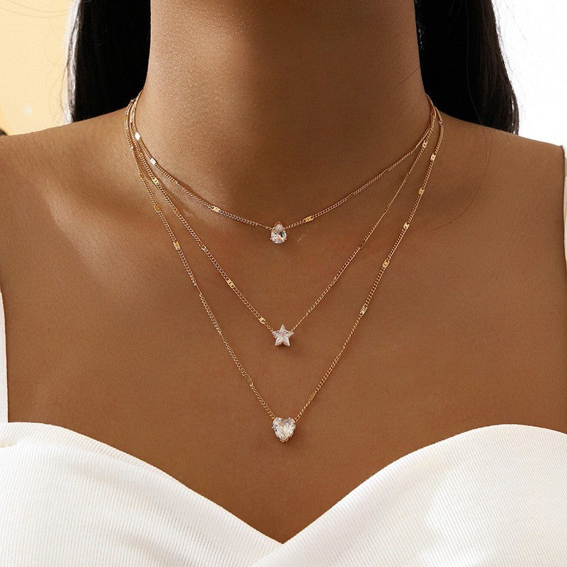 Colar de Pingente em Camadas na Corrente de Pescoço Feminino Cristal Zircônia Coração Estrela Charm Colar Camadas Vintage Joias de Pescoço Femininas Quentes