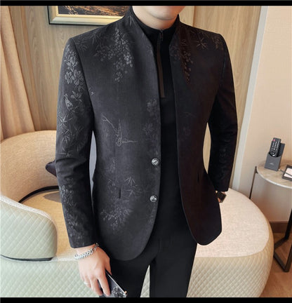 Men's New Chinese Stand Collar Blazer Jacket 2025 Fashion Elegant Printed Slim Fit Business Suits Jacket Tailcoat Men Clothing