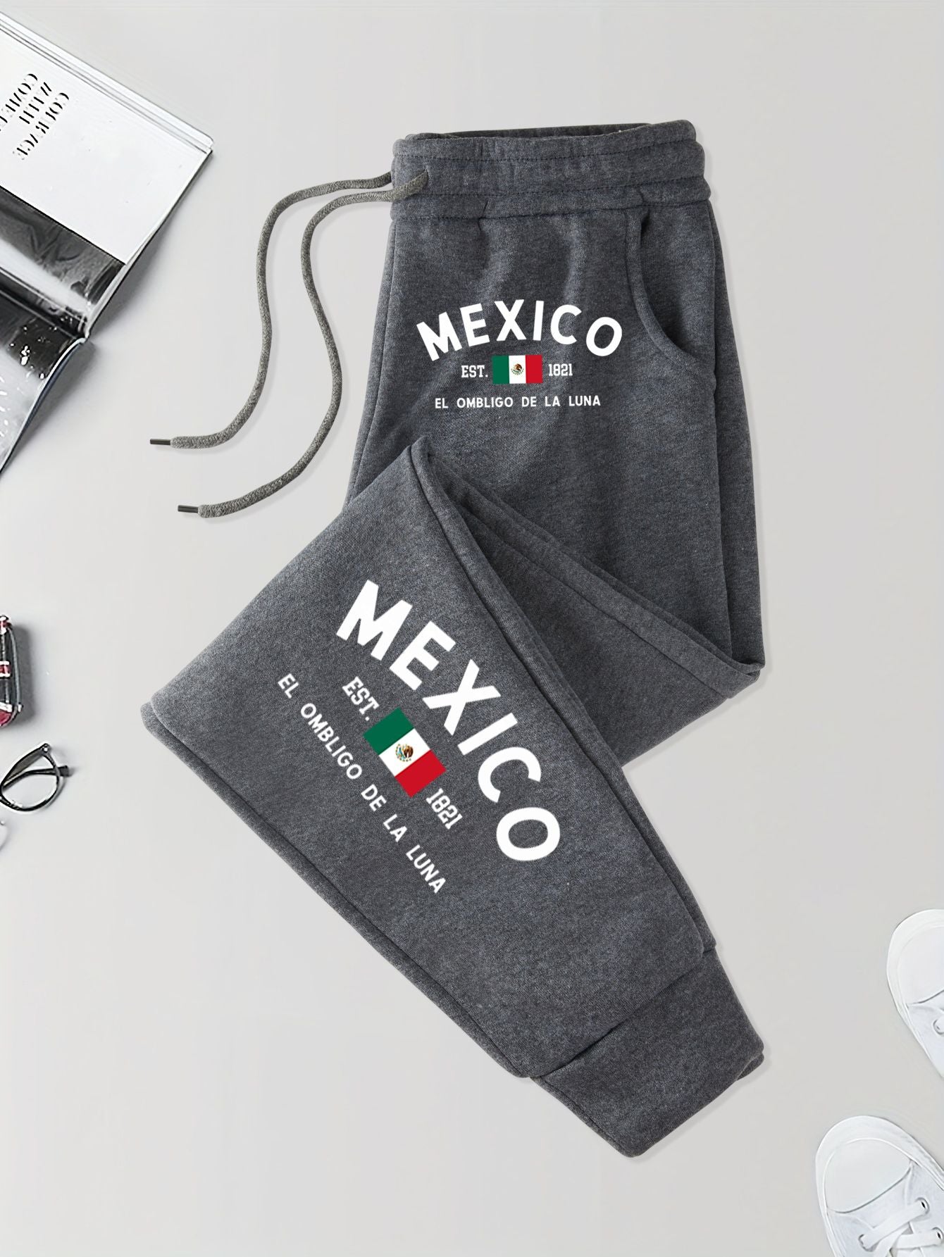 Calça de Moletom Masculina com Bolso Estampada México e Bandeira Outono Elástico na Cintura Calças Confortáveis de Rua Calça de Jogging Básica Longa